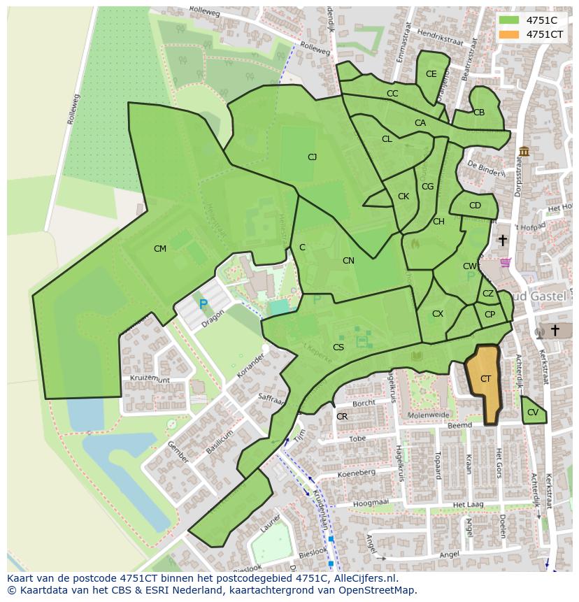 Afbeelding van het postcodegebied 4751 CT op de kaart.