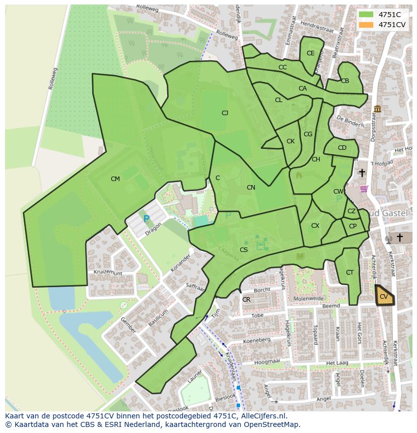 Afbeelding van het postcodegebied 4751 CV op de kaart.