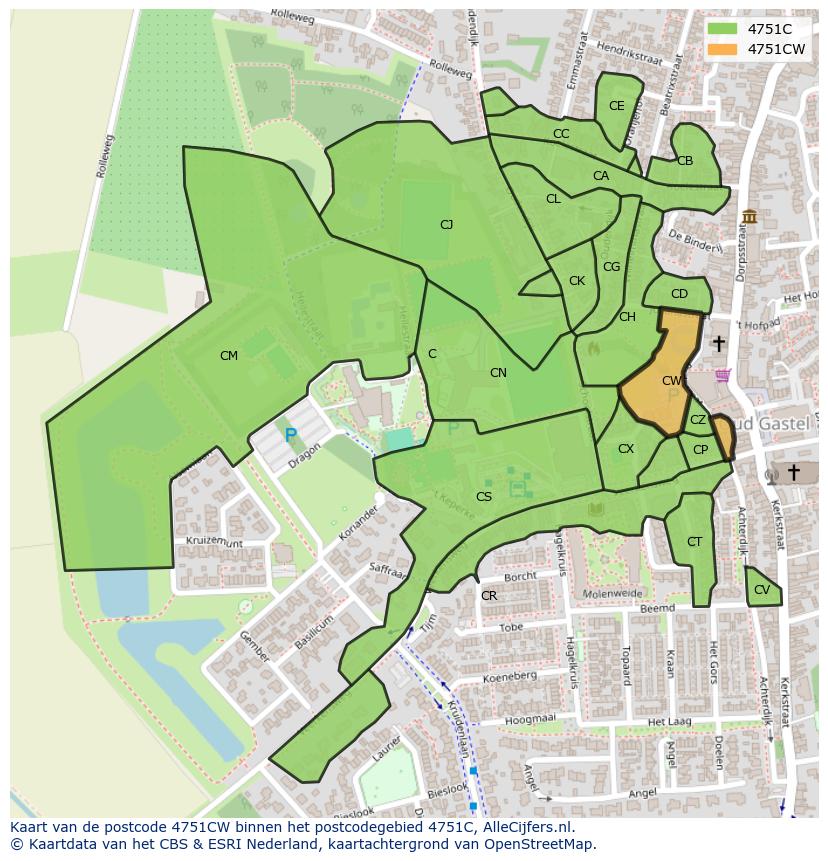 Afbeelding van het postcodegebied 4751 CW op de kaart.