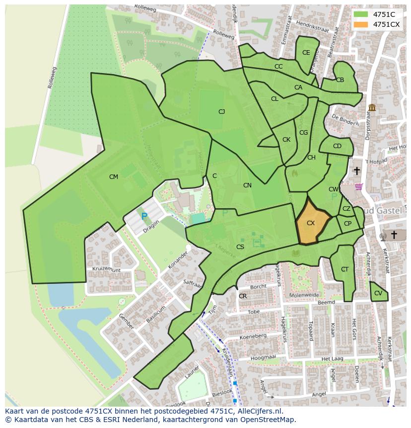 Afbeelding van het postcodegebied 4751 CX op de kaart.