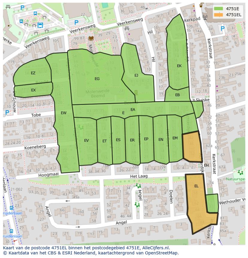 Afbeelding van het postcodegebied 4751 EL op de kaart.