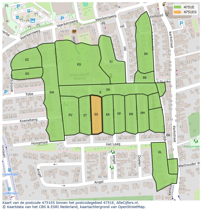 Afbeelding van het postcodegebied 4751 ES op de kaart.