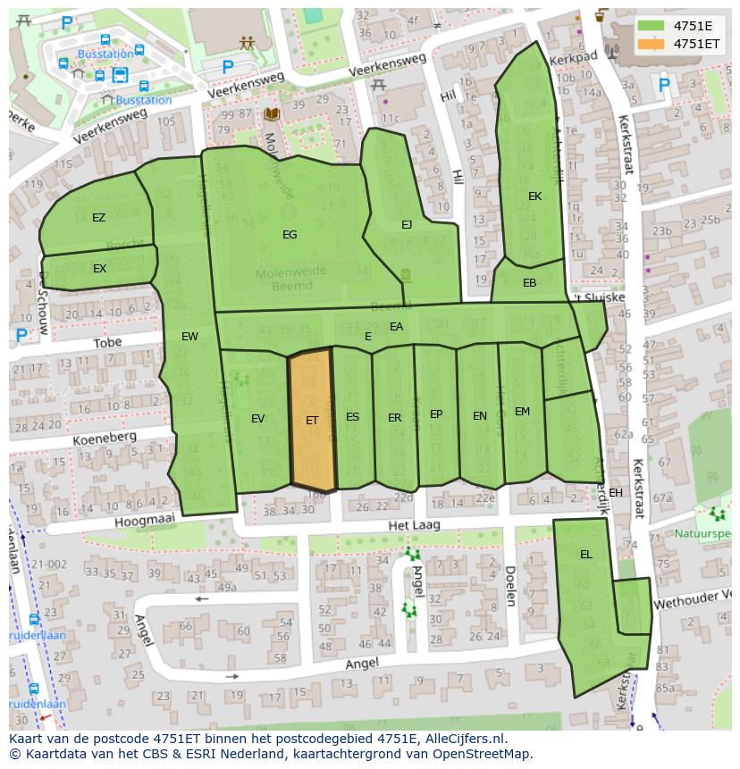 Afbeelding van het postcodegebied 4751 ET op de kaart.