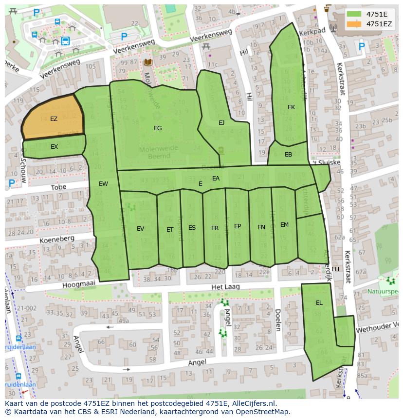 Afbeelding van het postcodegebied 4751 EZ op de kaart.