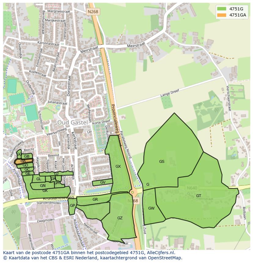 Afbeelding van het postcodegebied 4751 GA op de kaart.
