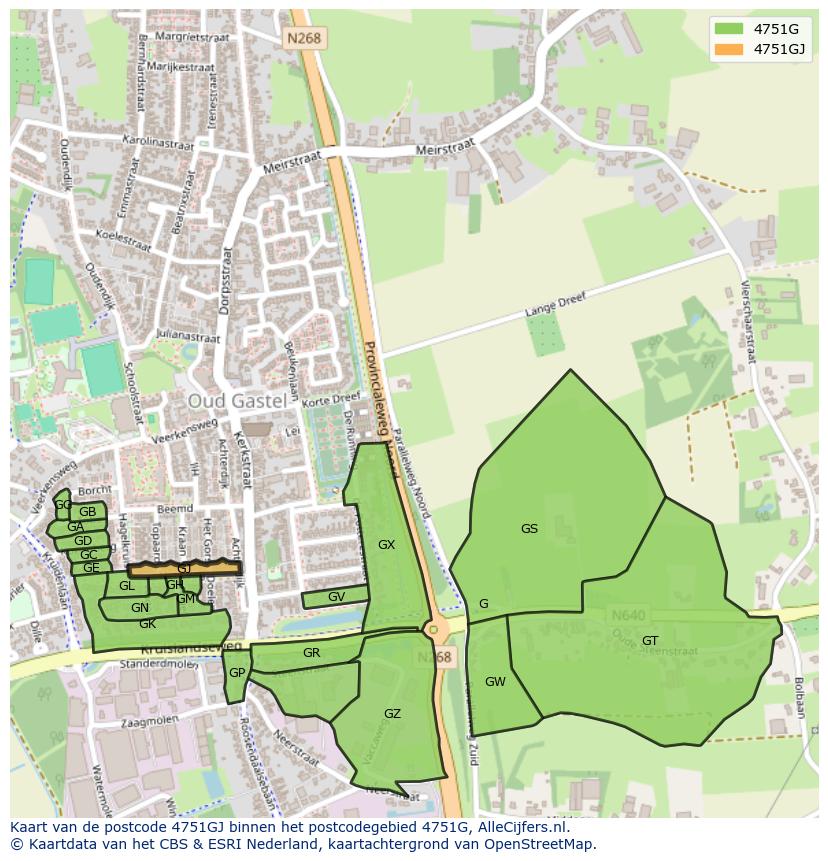 Afbeelding van het postcodegebied 4751 GJ op de kaart.