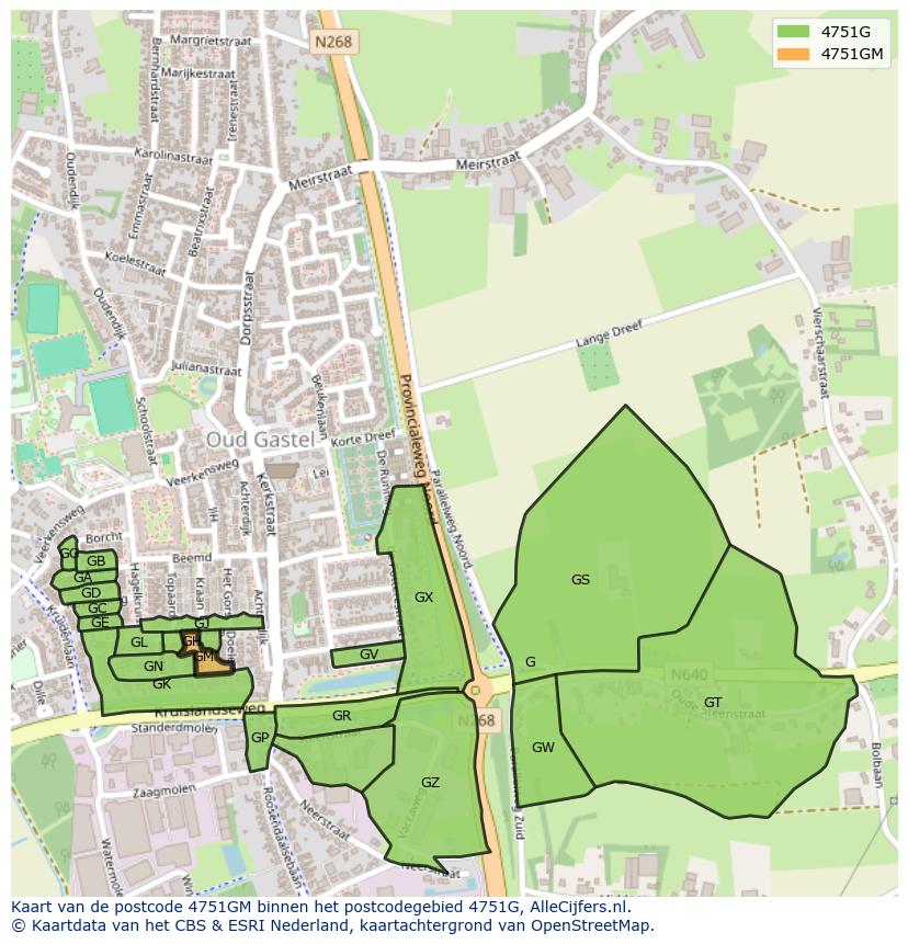 Afbeelding van het postcodegebied 4751 GM op de kaart.