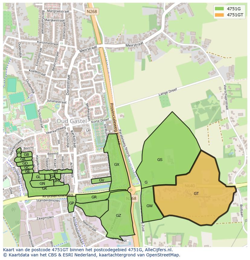 Afbeelding van het postcodegebied 4751 GT op de kaart.