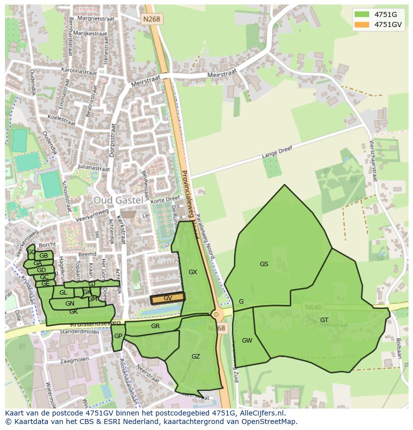 Afbeelding van het postcodegebied 4751 GV op de kaart.
