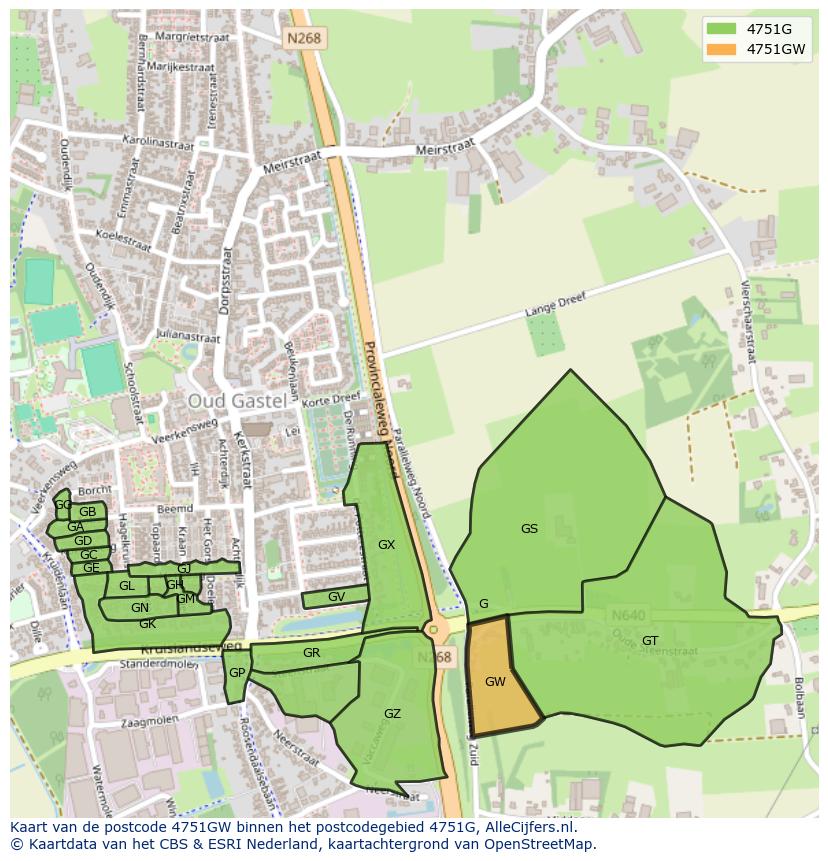Afbeelding van het postcodegebied 4751 GW op de kaart.