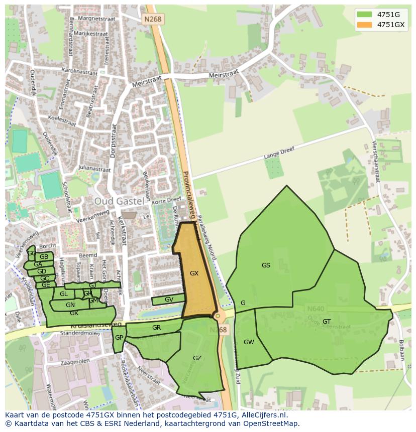 Afbeelding van het postcodegebied 4751 GX op de kaart.