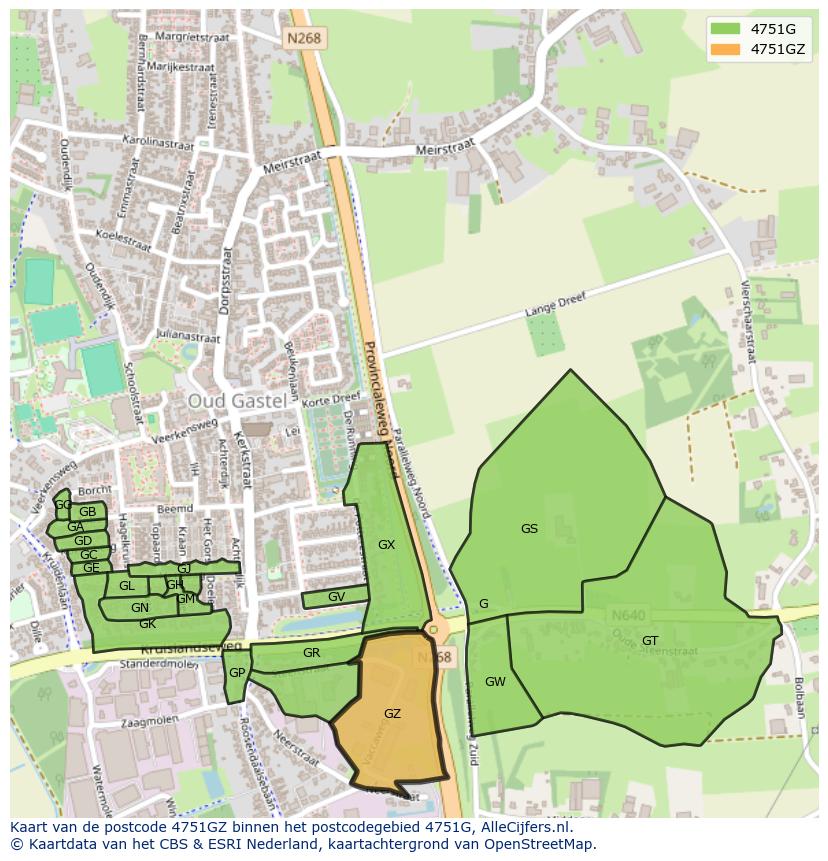 Afbeelding van het postcodegebied 4751 GZ op de kaart.