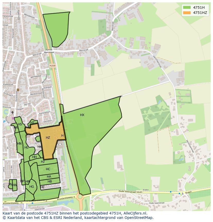 Afbeelding van het postcodegebied 4751 HZ op de kaart.