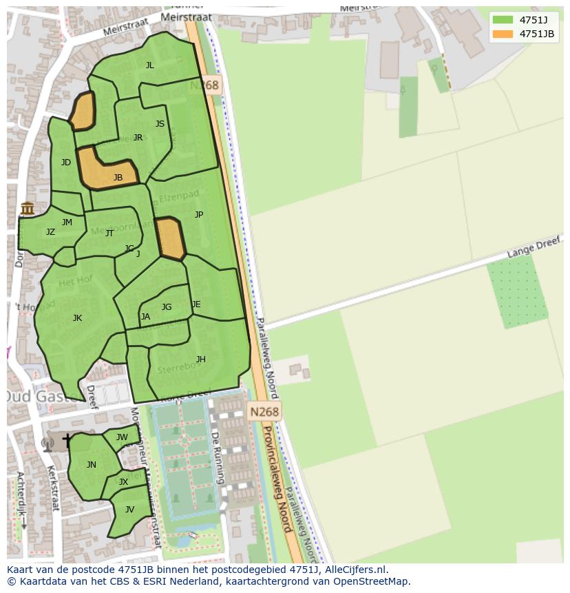 Afbeelding van het postcodegebied 4751 JB op de kaart.