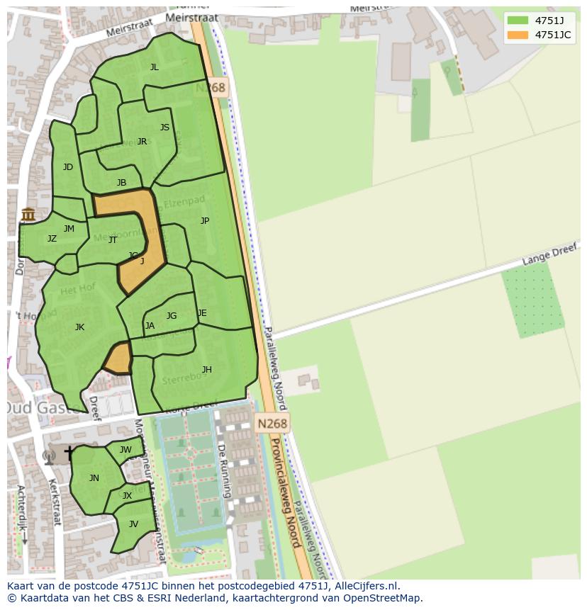 Afbeelding van het postcodegebied 4751 JC op de kaart.