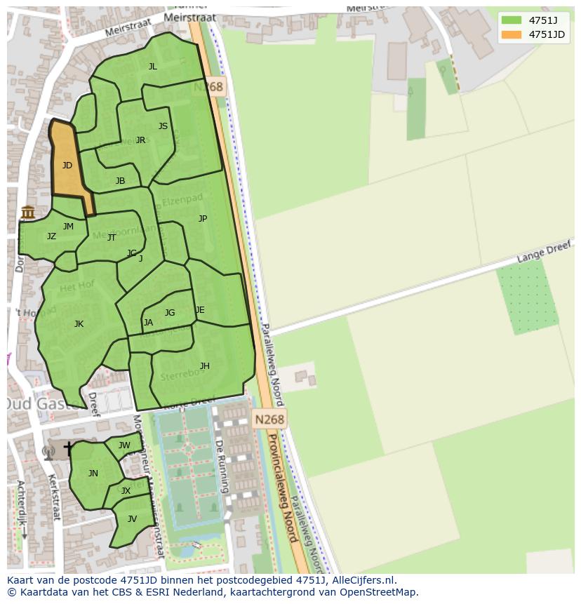 Afbeelding van het postcodegebied 4751 JD op de kaart.