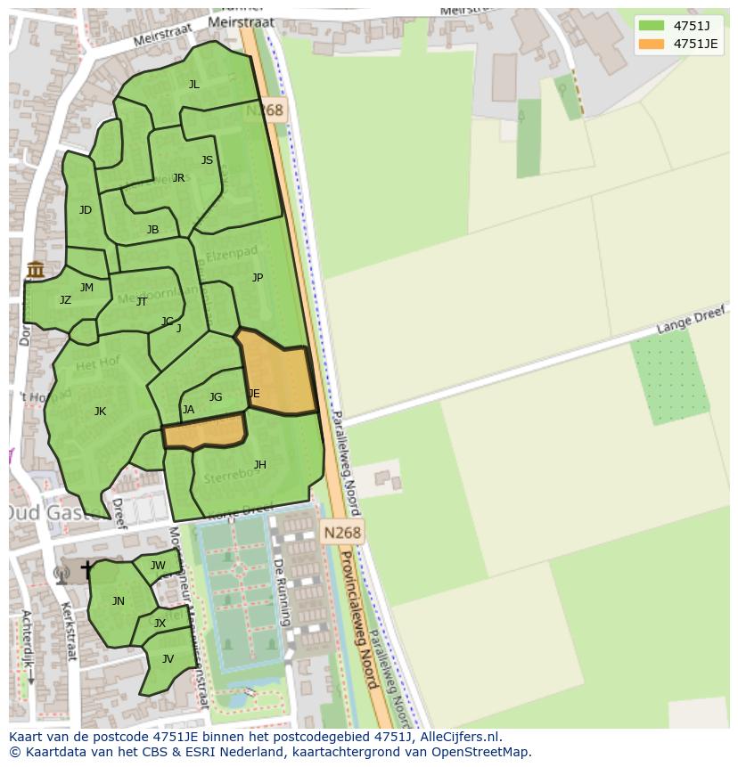 Afbeelding van het postcodegebied 4751 JE op de kaart.