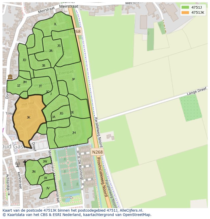 Afbeelding van het postcodegebied 4751 JK op de kaart.
