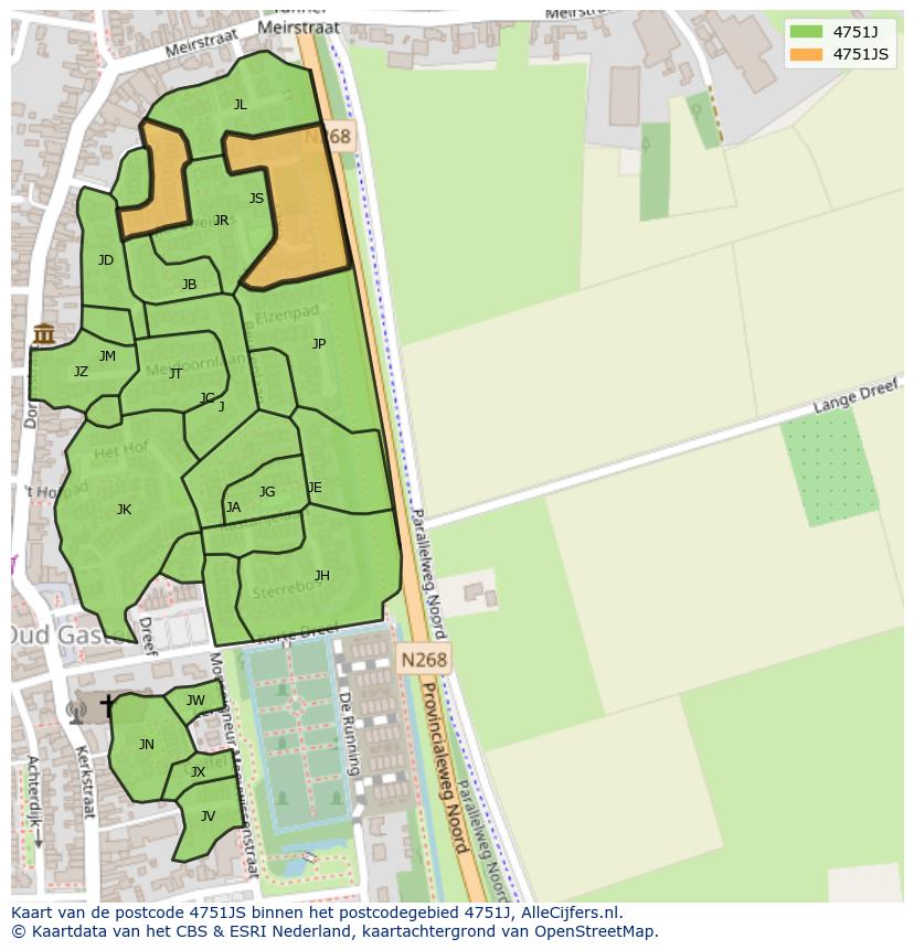 Afbeelding van het postcodegebied 4751 JS op de kaart.