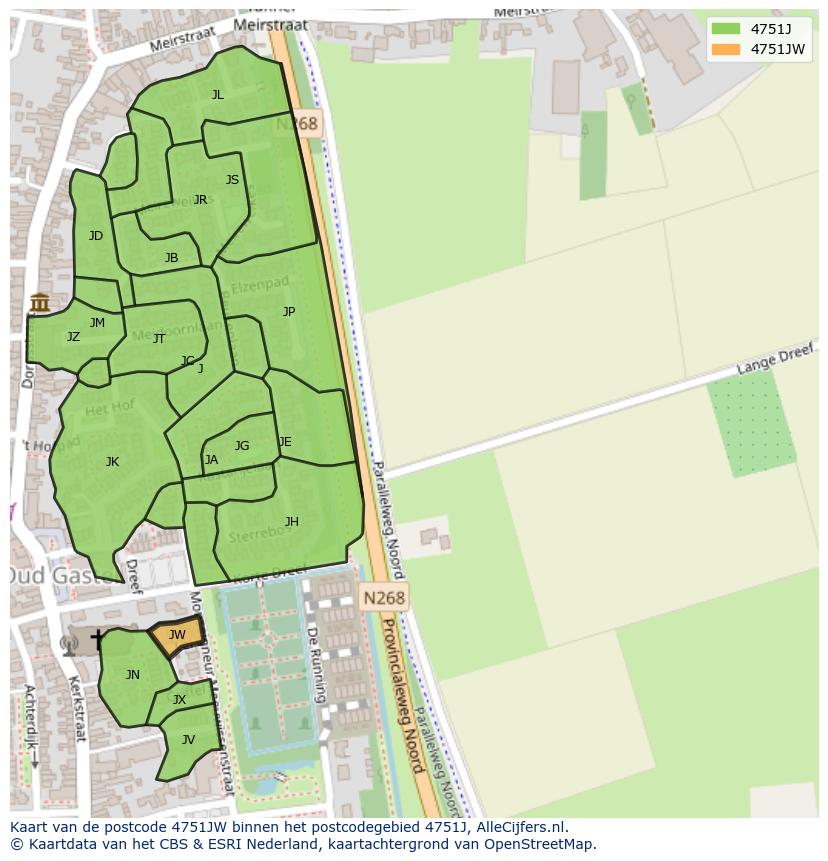 Afbeelding van het postcodegebied 4751 JW op de kaart.