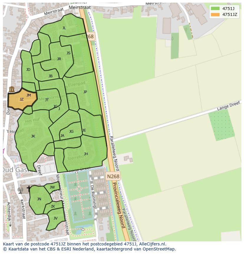 Afbeelding van het postcodegebied 4751 JZ op de kaart.