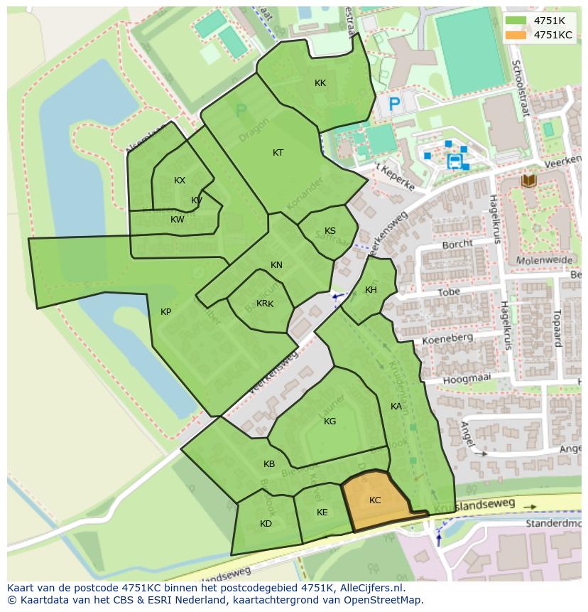 Afbeelding van het postcodegebied 4751 KC op de kaart.