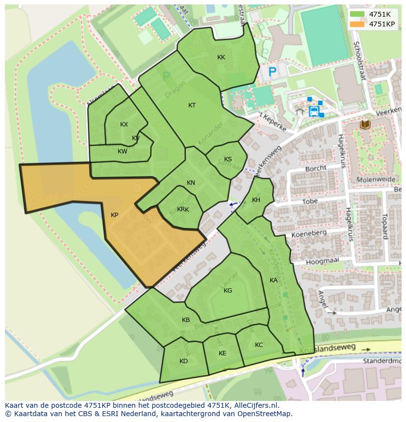 Afbeelding van het postcodegebied 4751 KP op de kaart.