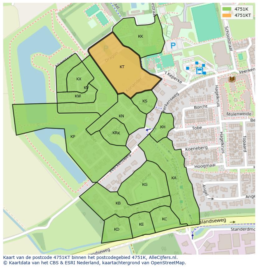 Afbeelding van het postcodegebied 4751 KT op de kaart.