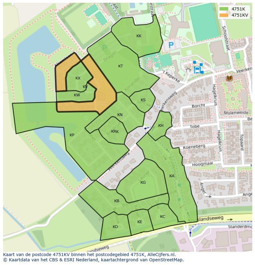 Afbeelding van het postcodegebied 4751 KV op de kaart.