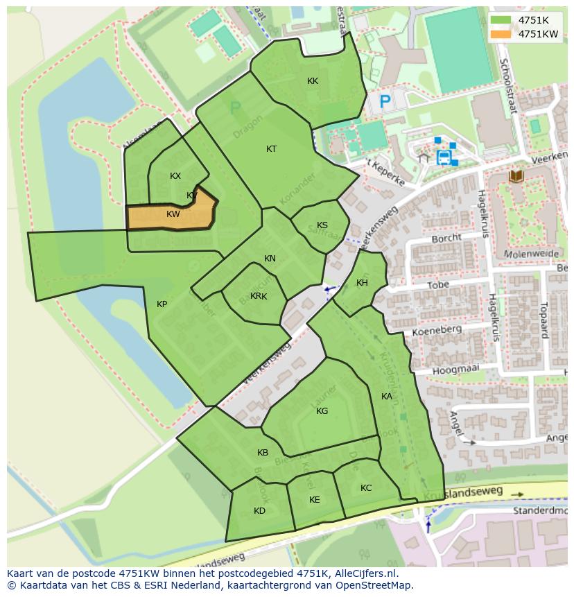 Afbeelding van het postcodegebied 4751 KW op de kaart.