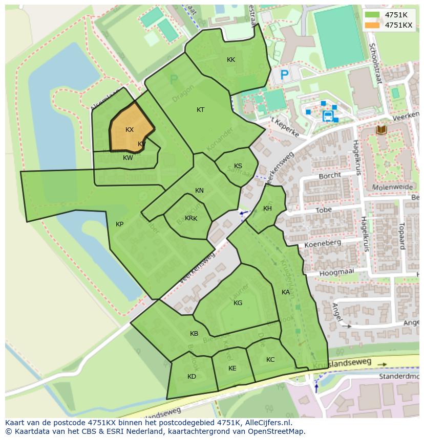 Afbeelding van het postcodegebied 4751 KX op de kaart.