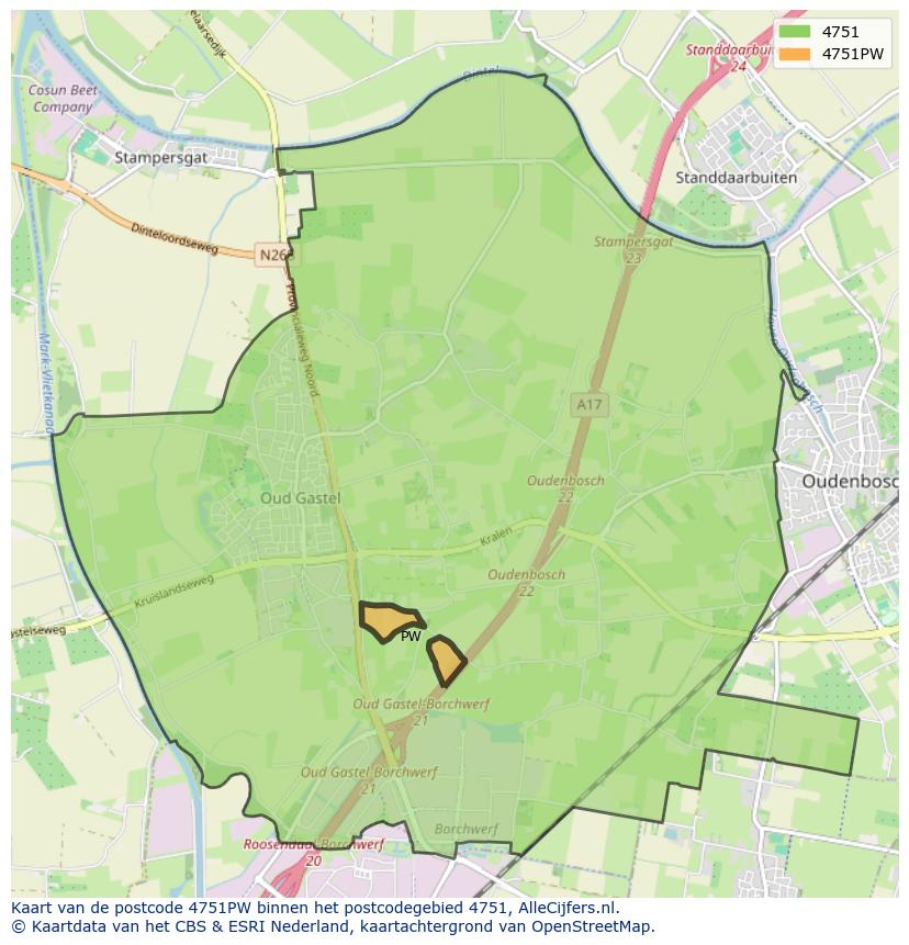Afbeelding van het postcodegebied 4751 PW op de kaart.