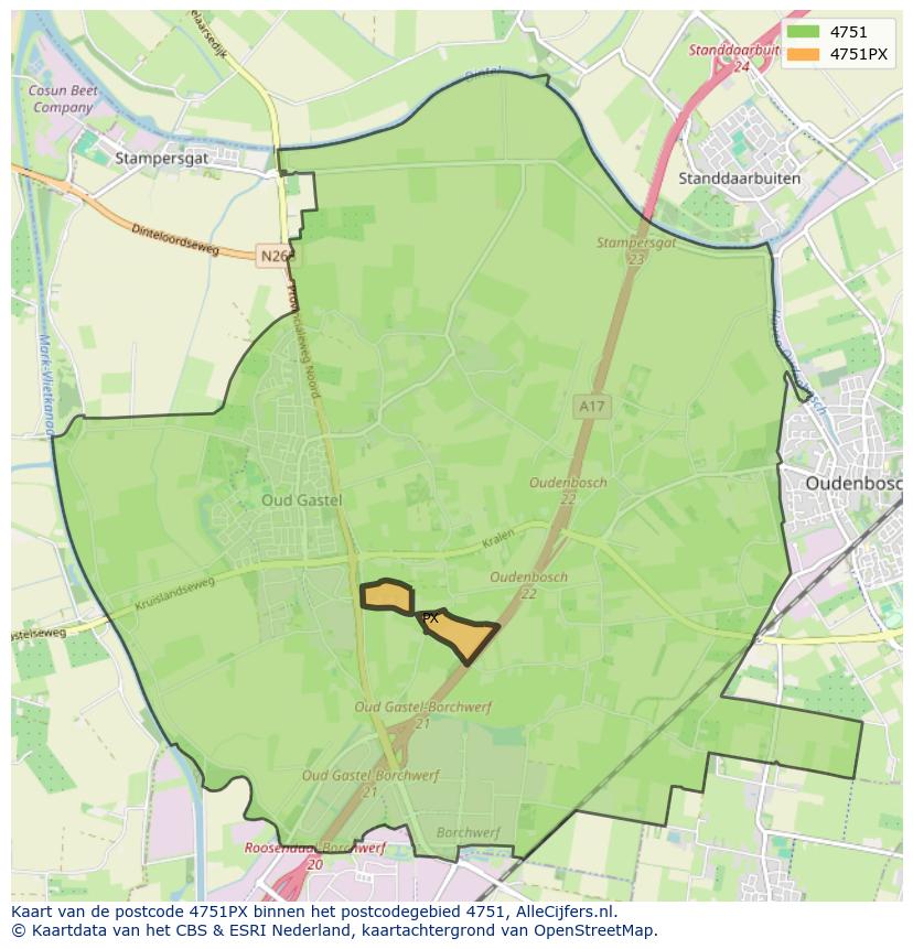 Afbeelding van het postcodegebied 4751 PX op de kaart.