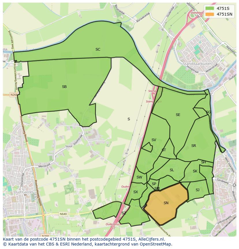 Afbeelding van het postcodegebied 4751 SN op de kaart.