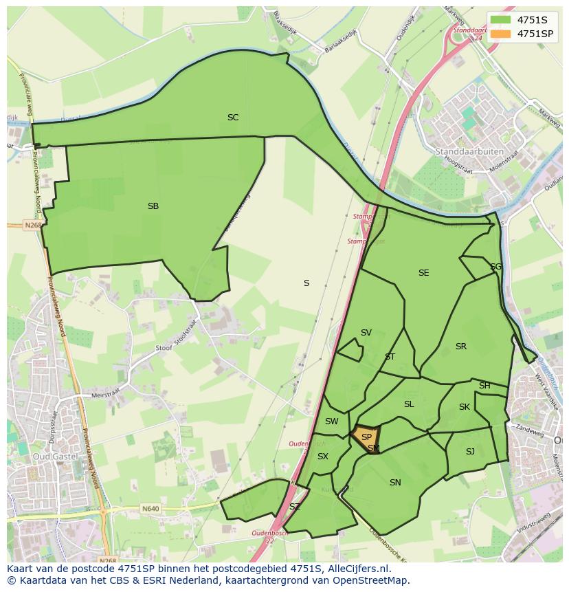 Afbeelding van het postcodegebied 4751 SP op de kaart.