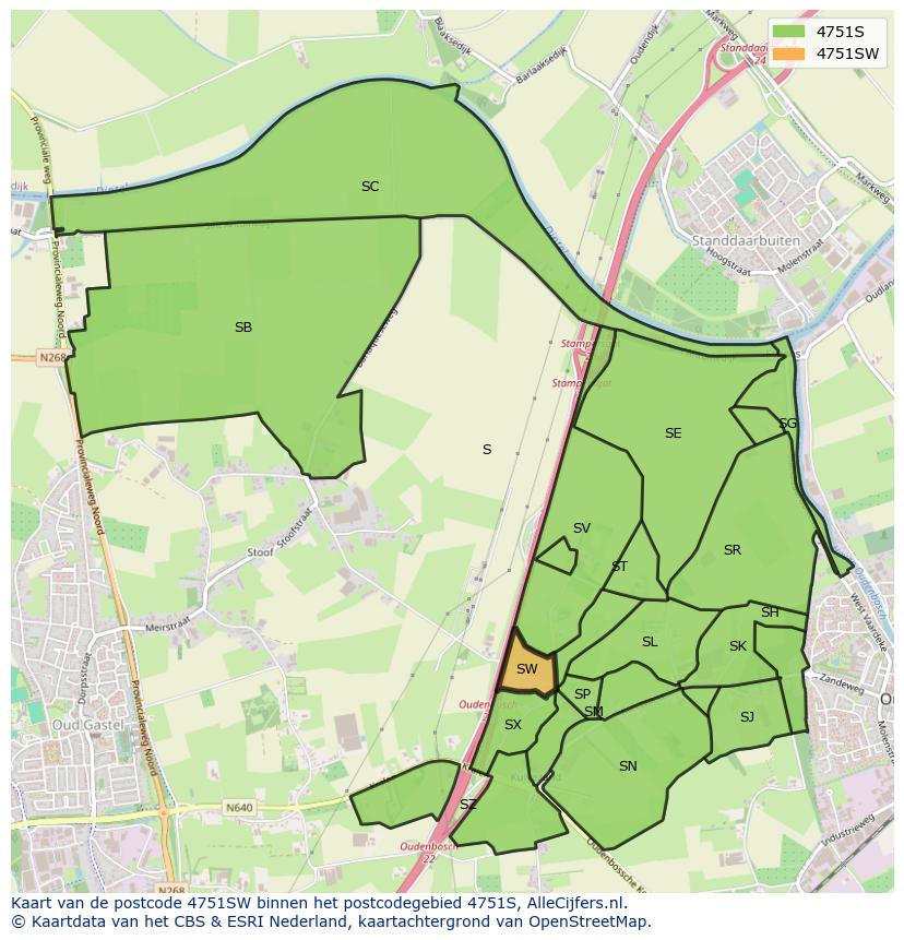 Afbeelding van het postcodegebied 4751 SW op de kaart.