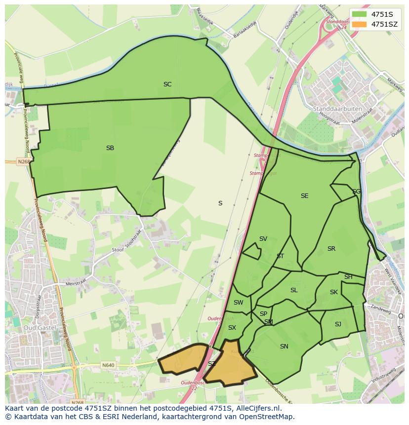 Afbeelding van het postcodegebied 4751 SZ op de kaart.