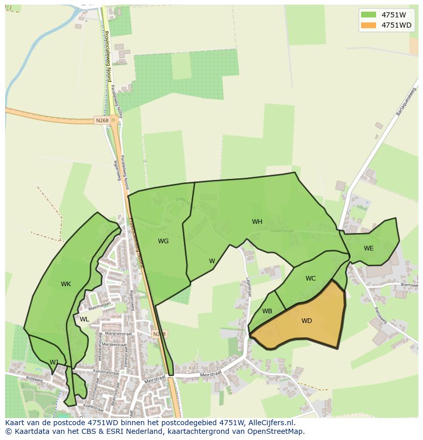 Afbeelding van het postcodegebied 4751 WD op de kaart.