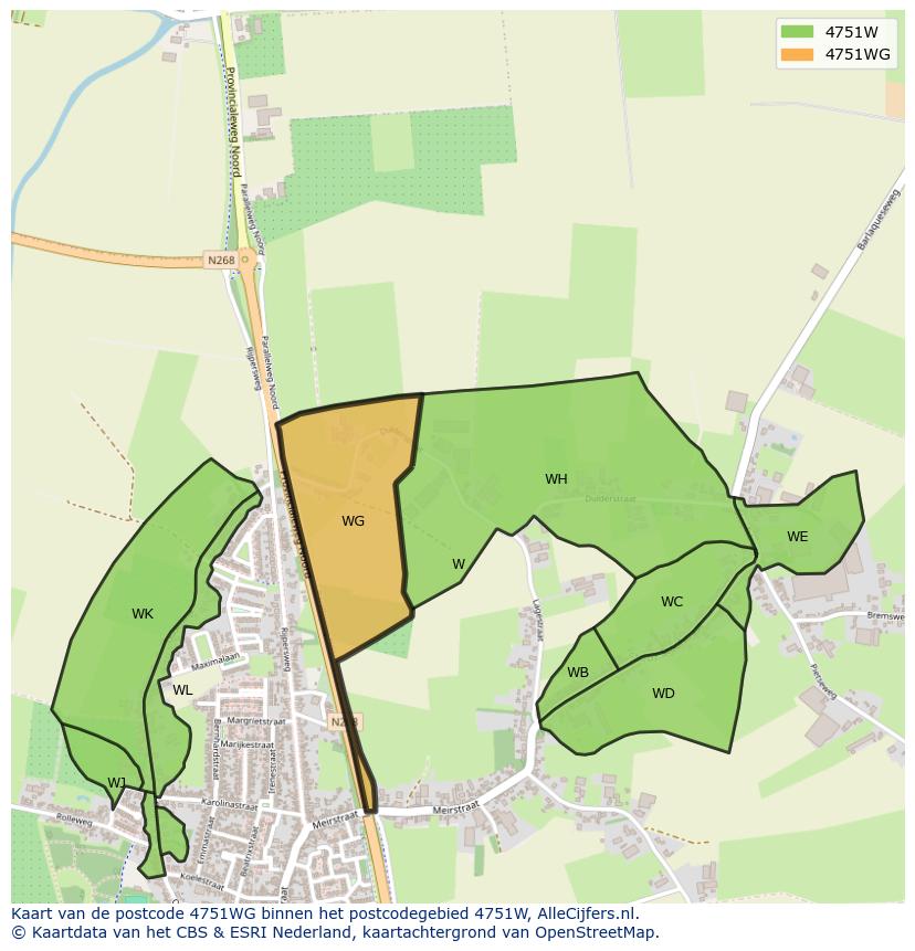 Afbeelding van het postcodegebied 4751 WG op de kaart.