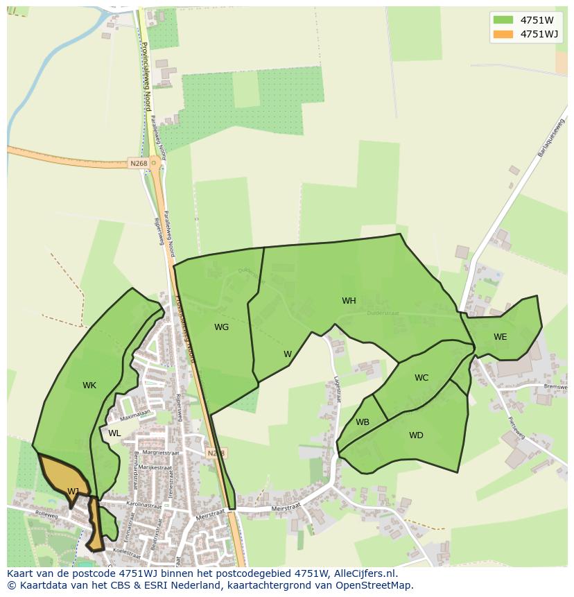Afbeelding van het postcodegebied 4751 WJ op de kaart.