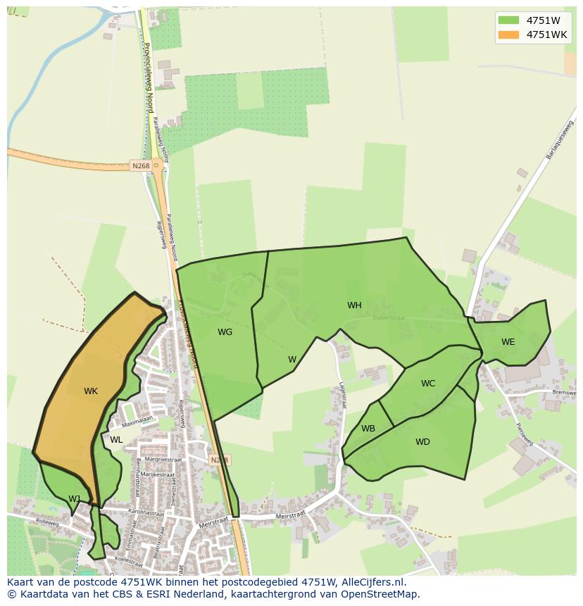 Afbeelding van het postcodegebied 4751 WK op de kaart.