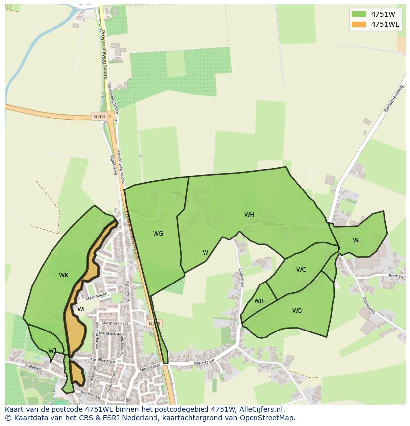 Afbeelding van het postcodegebied 4751 WL op de kaart.