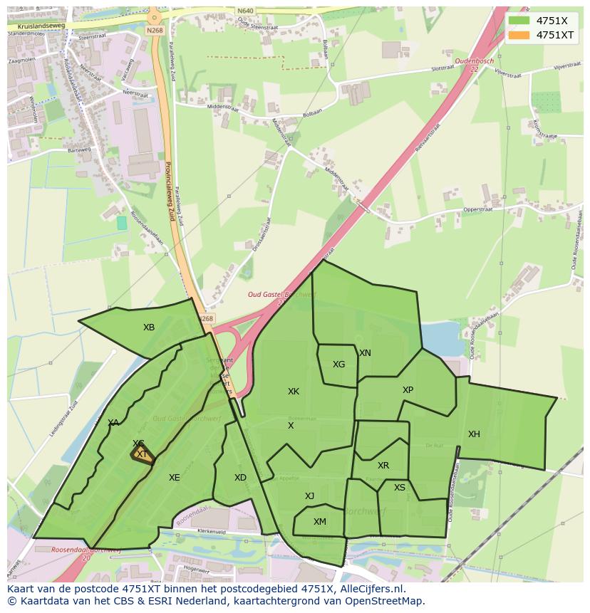 Afbeelding van het postcodegebied 4751 XT op de kaart.