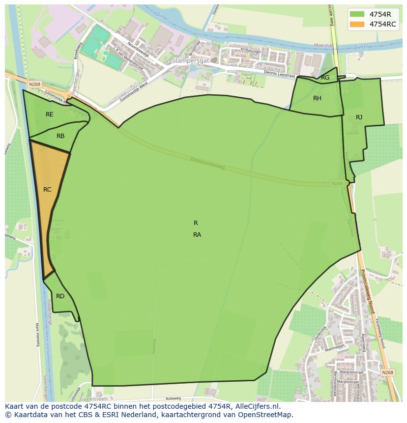 Afbeelding van het postcodegebied 4754 RC op de kaart.