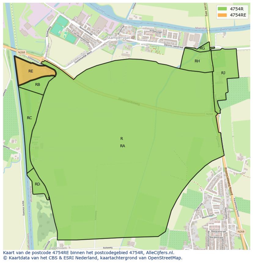 Afbeelding van het postcodegebied 4754 RE op de kaart.