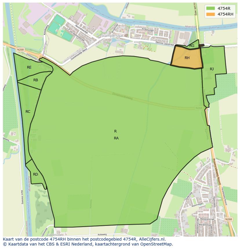 Afbeelding van het postcodegebied 4754 RH op de kaart.