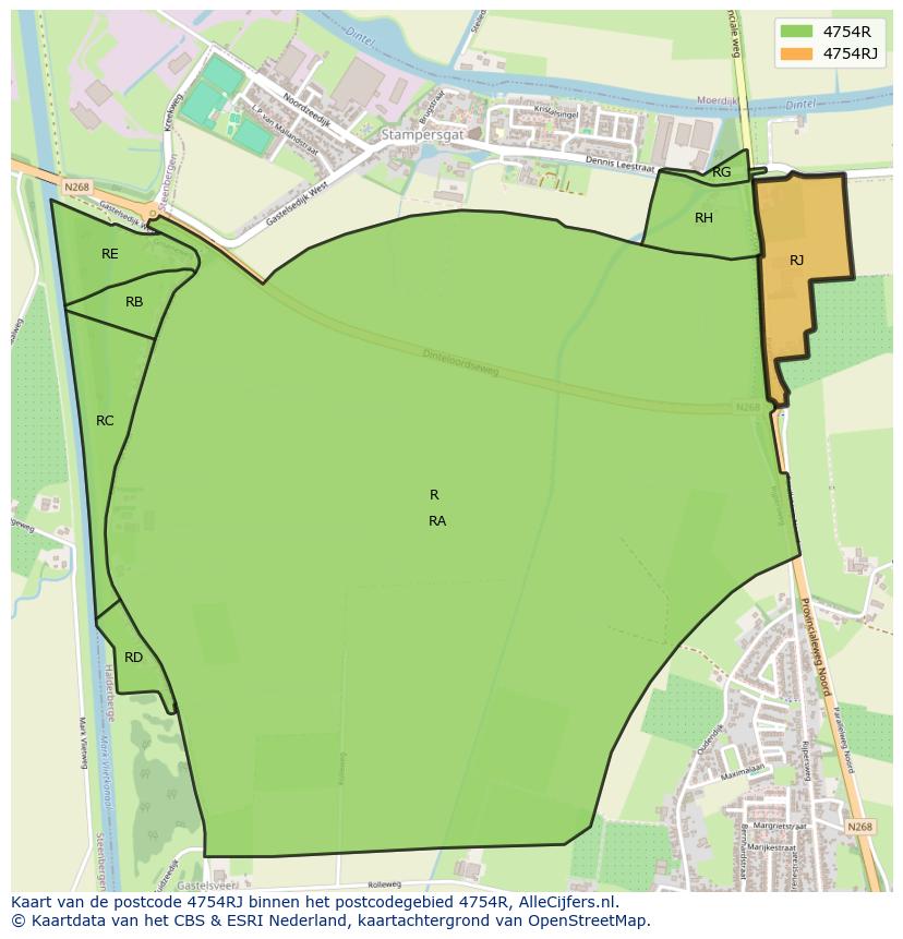 Afbeelding van het postcodegebied 4754 RJ op de kaart.