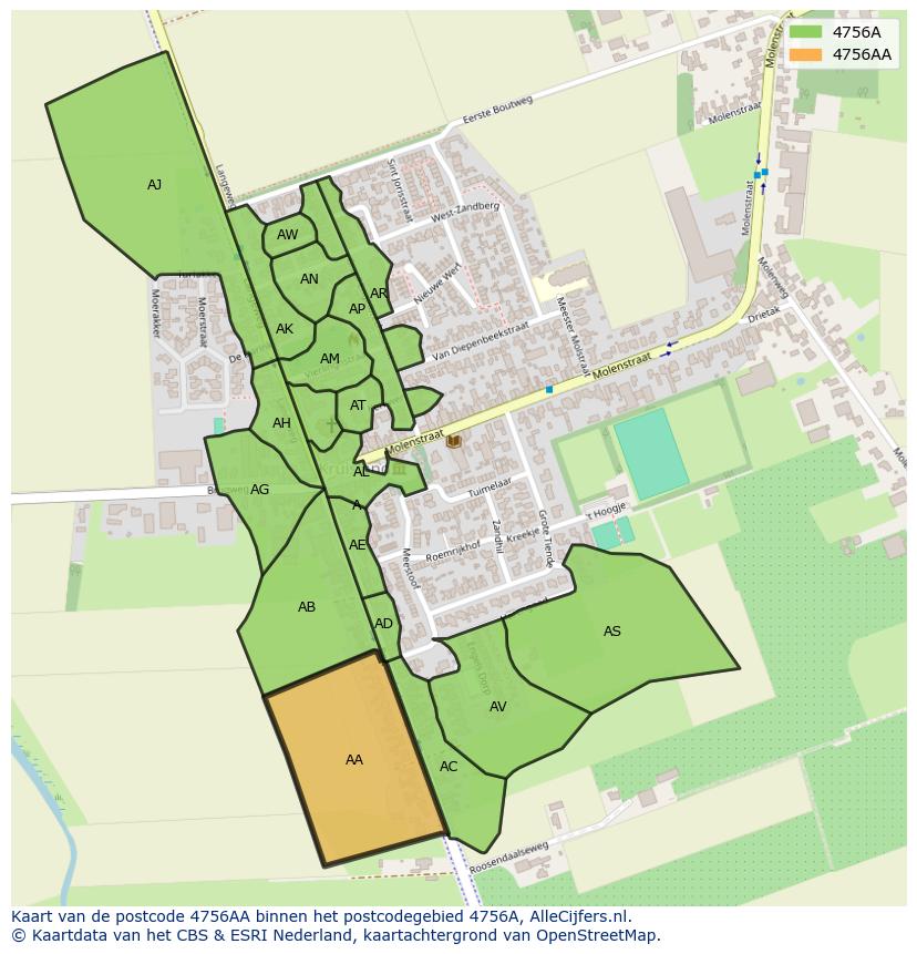 Afbeelding van het postcodegebied 4756 AA op de kaart.