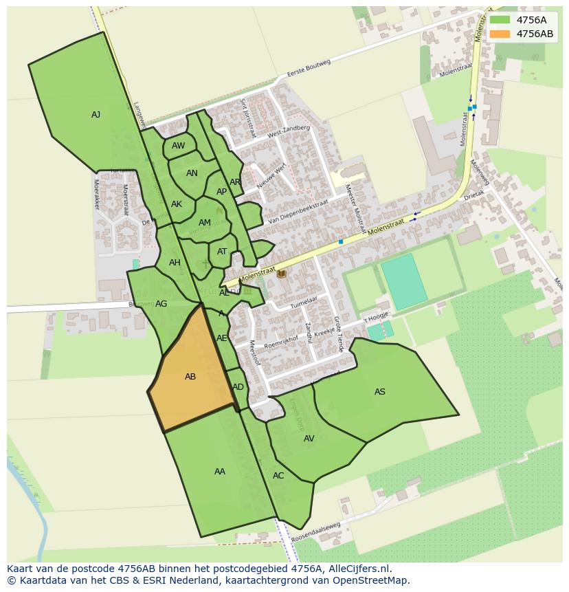 Afbeelding van het postcodegebied 4756 AB op de kaart.
