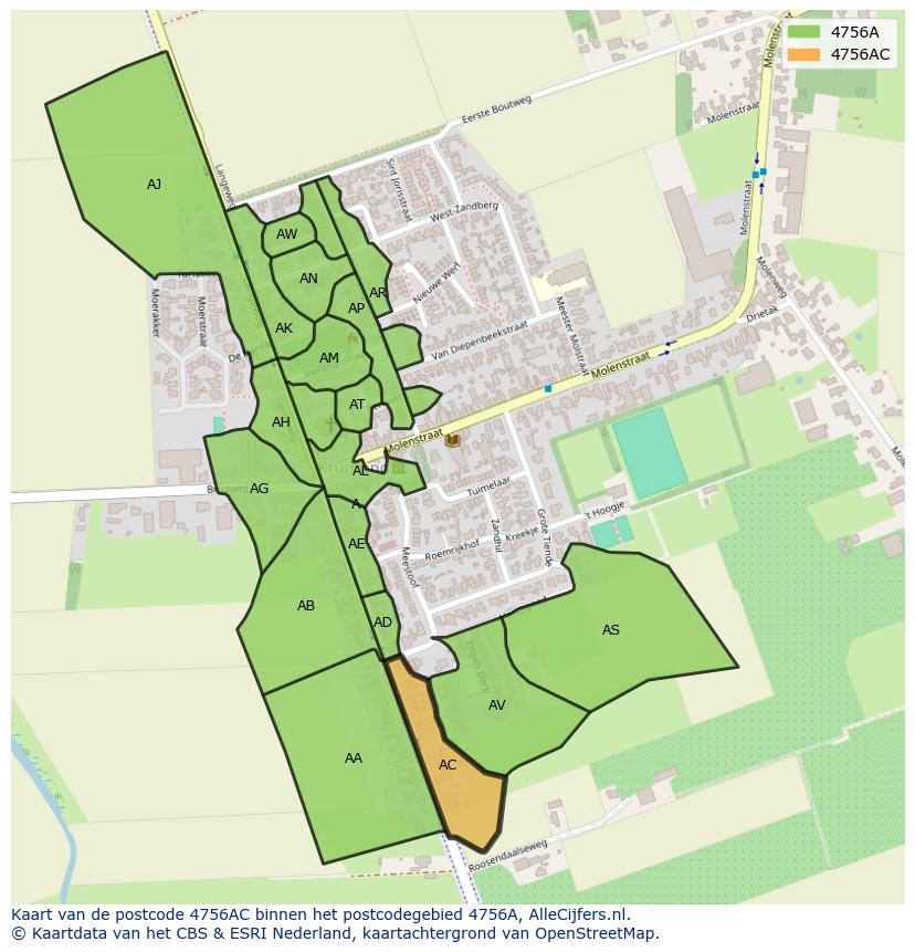 Afbeelding van het postcodegebied 4756 AC op de kaart.